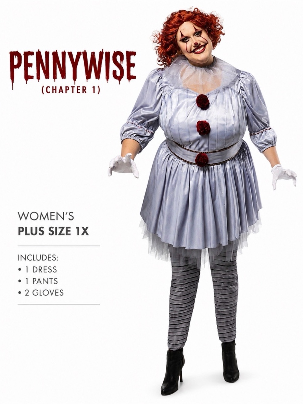 Pennywise Chapter 1 Plus Size Costume in Pale Gray with Red Accents